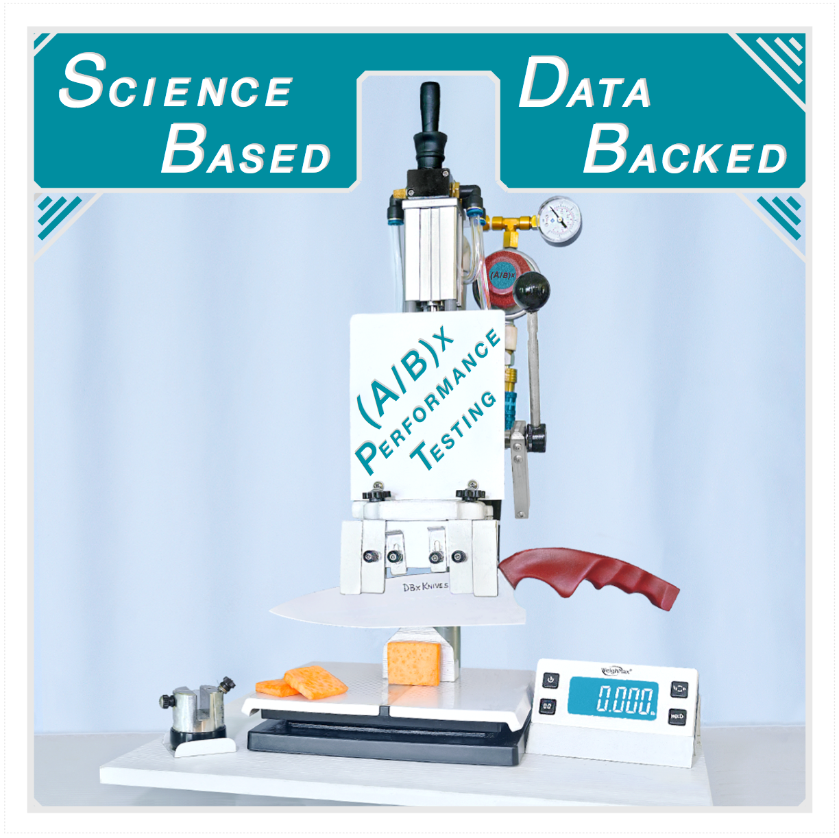 Laboratory testing setup with equipment labeled 'A/B/X Performance Testing,' and a sign stating 'Science Based Data Backed.' There are pieces of orange and yellow material on a white platform, a digital scale displaying zero, and various tubes and gauges connected to the testing apparatus.