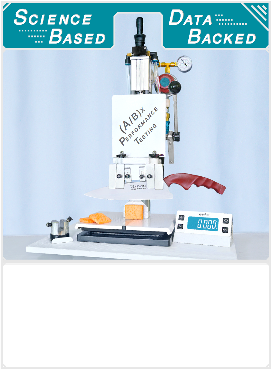 Photo of the actual ABx Performance Testing apparatus used to generate DBx Knives cutting performance data. Comparative A/B methodology measuring cutting force through food test media, recorded to 1/100th pound precision. Science-based, data-backed.