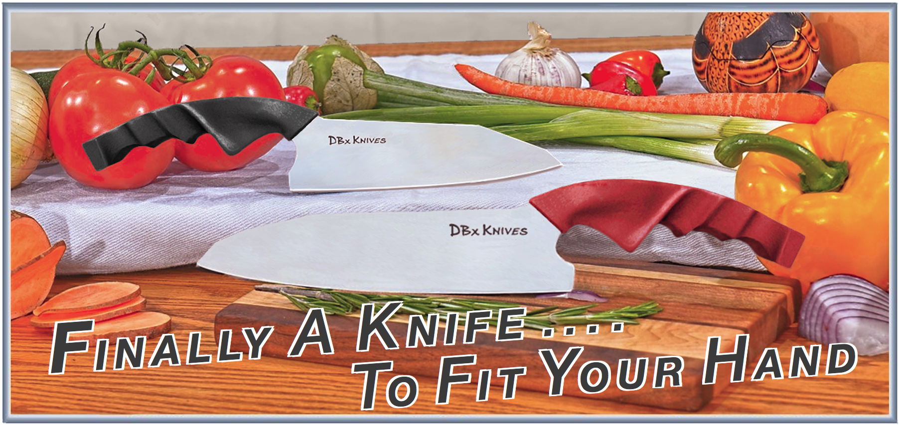 DBx Knives — two of 14 custom sized-to-fit chef knife handle variants, available for both left and right-handed users, Crafted in the USA with Global Materials. Shown with fresh vegetables illustrating everyday kitchen use.