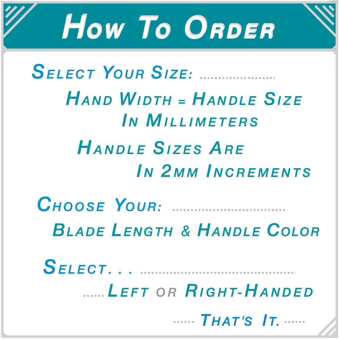 How to order: select your size using hand width in millimeters as handle size, available in 2mm increments. Choose blade length and handle color. Select left- or right-handed. That's it.