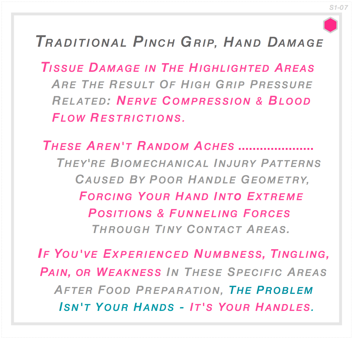 ditional pinch-grip handles funnel forces through tiny contact areas causing nerve compression and blood flow restriction. Numbness, tingling and pain after food prep are biomechanical injury patterns - not arthritis or weak hands. It's your handle.