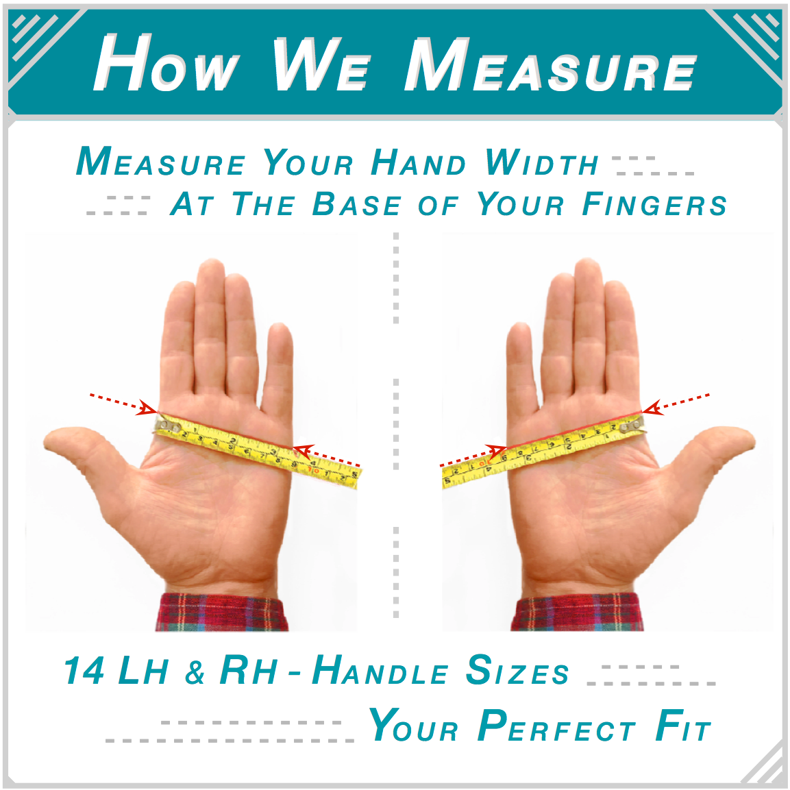 Photos demonstrating how to measure hand width at the base of the fingers using a tape measure, for both left and right hands, across 14 DBx handle sizes.