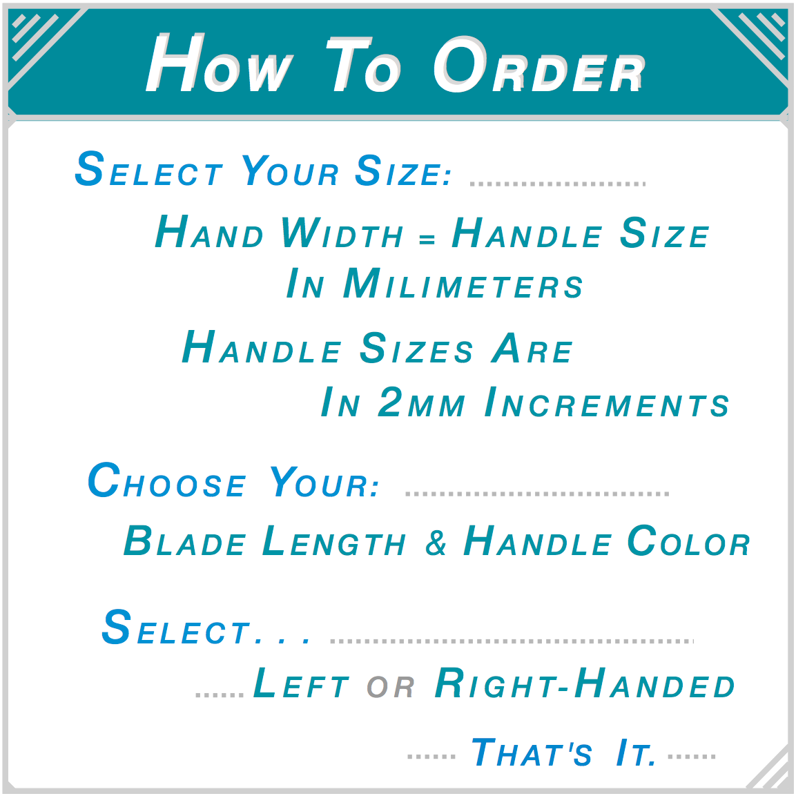 DBx knife ordering steps — select size by hand width in millimeters, choose blade length and handle color, select left or right handed — that's it