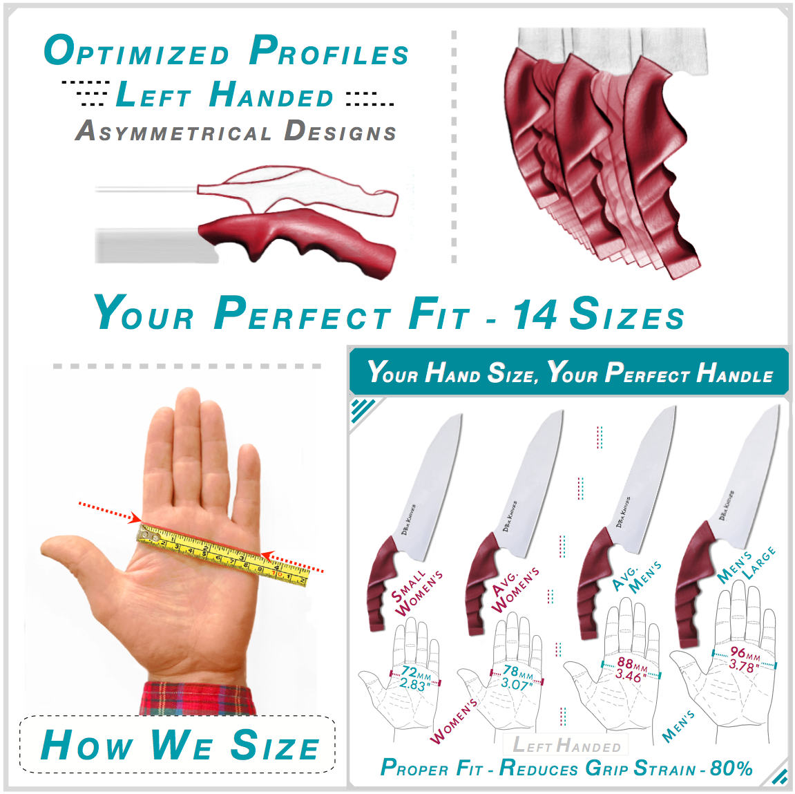 DBx Knives left-handed sizing chart: optimized asymmetrical handle profiles across 14 sizes, from small women's (72mm) to men's large (96mm). Proper fit reduces grip strain by 80%.