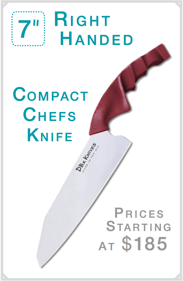 DBx Knives 7-inch right-handed Compact Chef Knife. Asymmetrical hand-optimized handle, sized-to-fit from 14 right-hand variants. Available in red, black or blue. Made in the USA. Prices starting at $185.