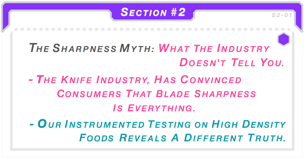Section 2 title card: The Sharpness Myth, what the industry doesn't tell you. The knife industry has convinced consumers sharpness is everything, but DBx instrumented testing on high-density foods reveals a different truth.