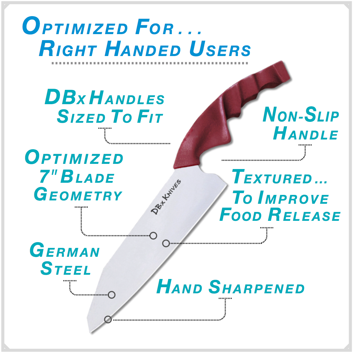 7-inch DBx Chef Knife optimized for right-handed users: sized-to-fit handle, non-slip grip, textured for food release, German steel blade, hand-sharpened.