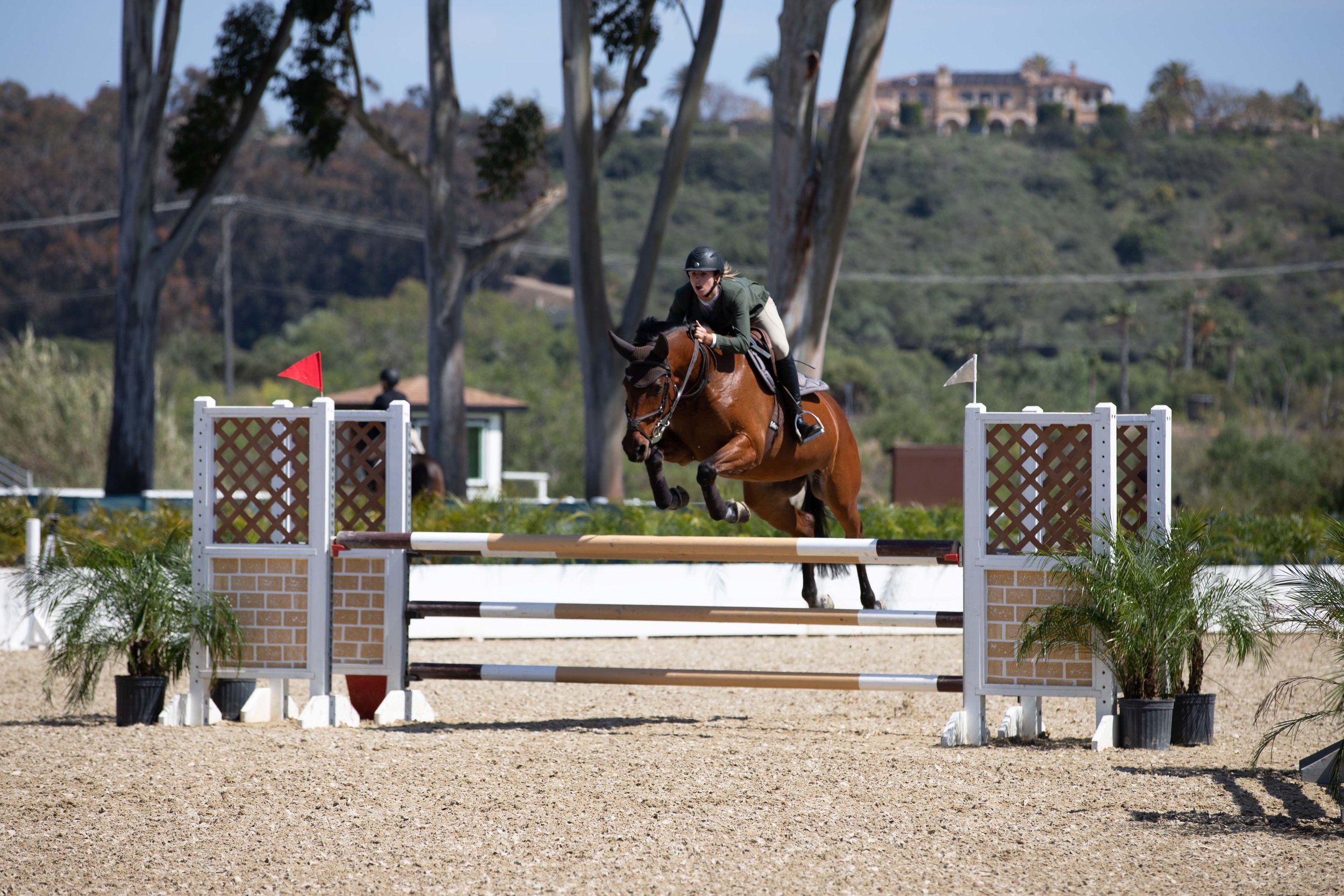 A person riding a horse and jumping over a hurdle during an equestrian event. The scene takes place outdoors on a dirt arena with trees and hills in the background.