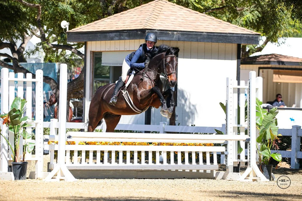 A person in equestrian gear riding a horse over a jump in an outdoor arena during a horse jumping event.