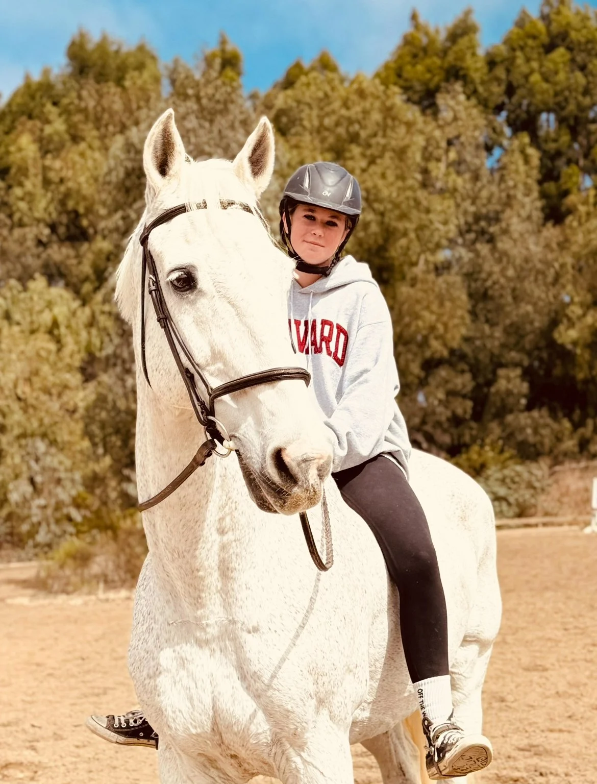 A young woman wearing a helmet and a gray hoodie riding a white horse outdoors with trees and a clear blue sky in the background.