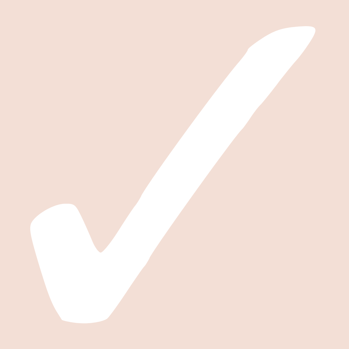 A large white checkmark on a light pink background.