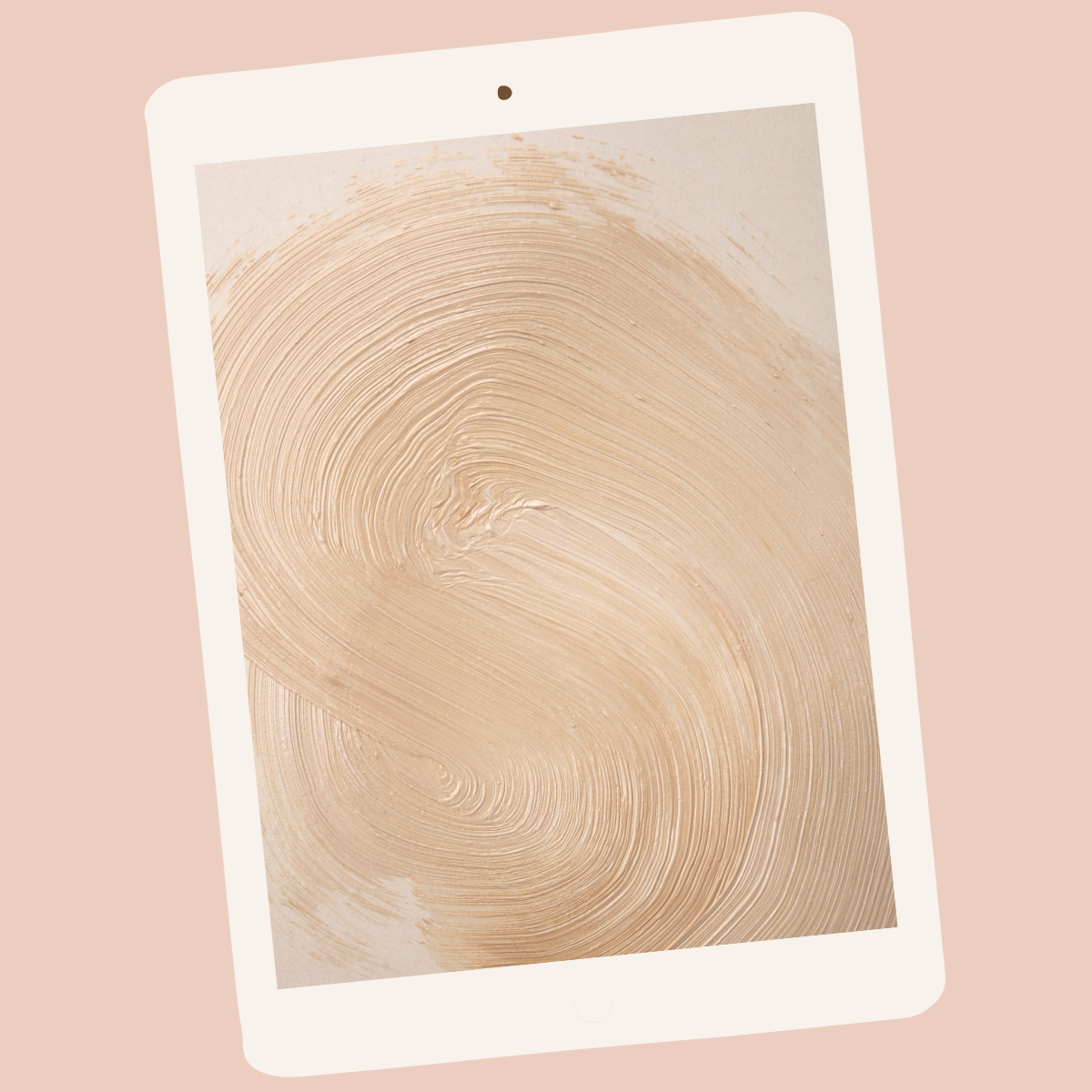 A tablet with a beige and light brown abstract swirl pattern on the screen, placed on a light pink background.