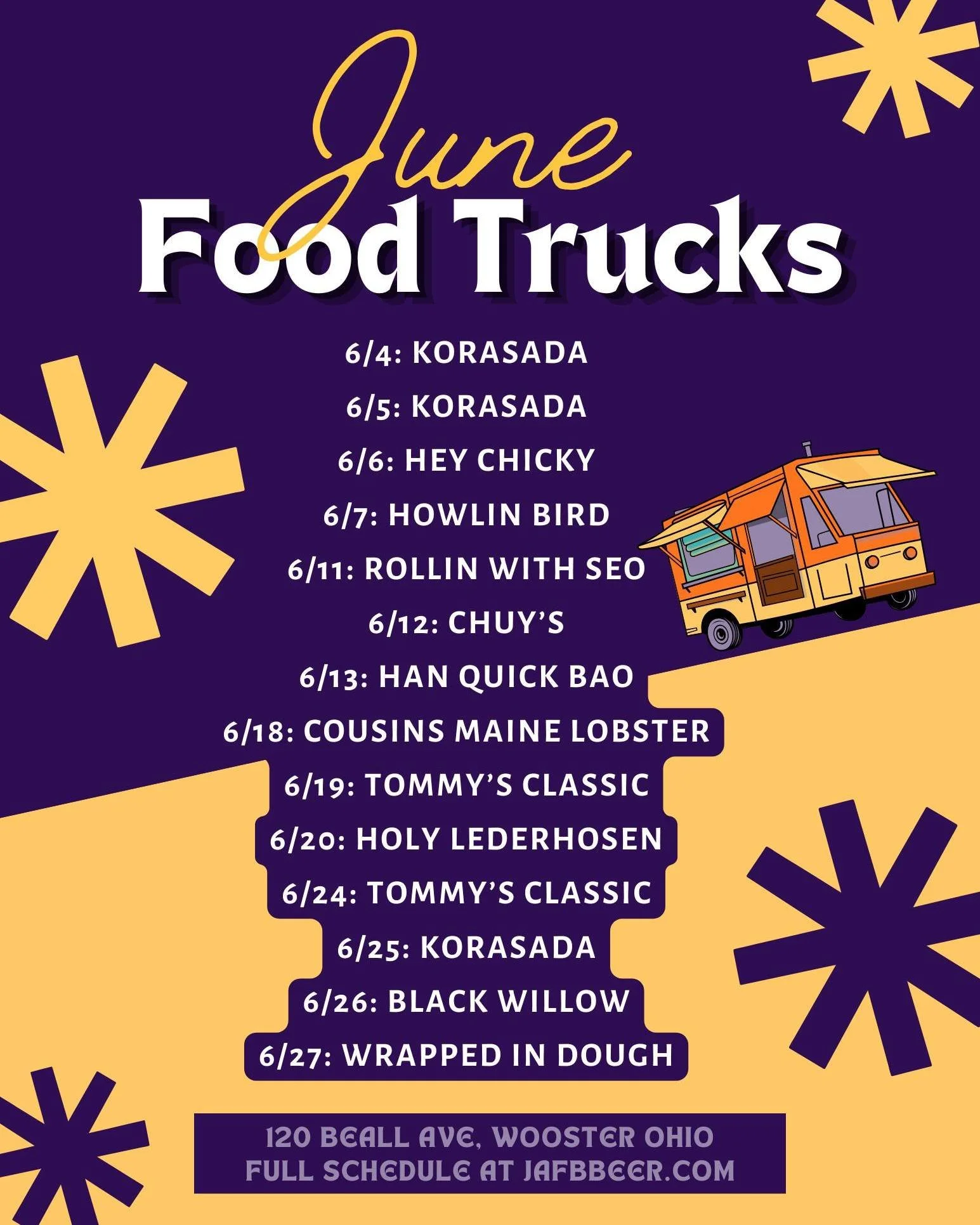 June's food trucks just dropped 🥡

Kick off the Summer will all your favorites; We'll provide the drinks, they'll provide the eats 🍺🌮🍗🥟🌯🍢🦞🍔🥨🥩

Our parking lot is undergoing construction that changes day to day, so the truck parking may var