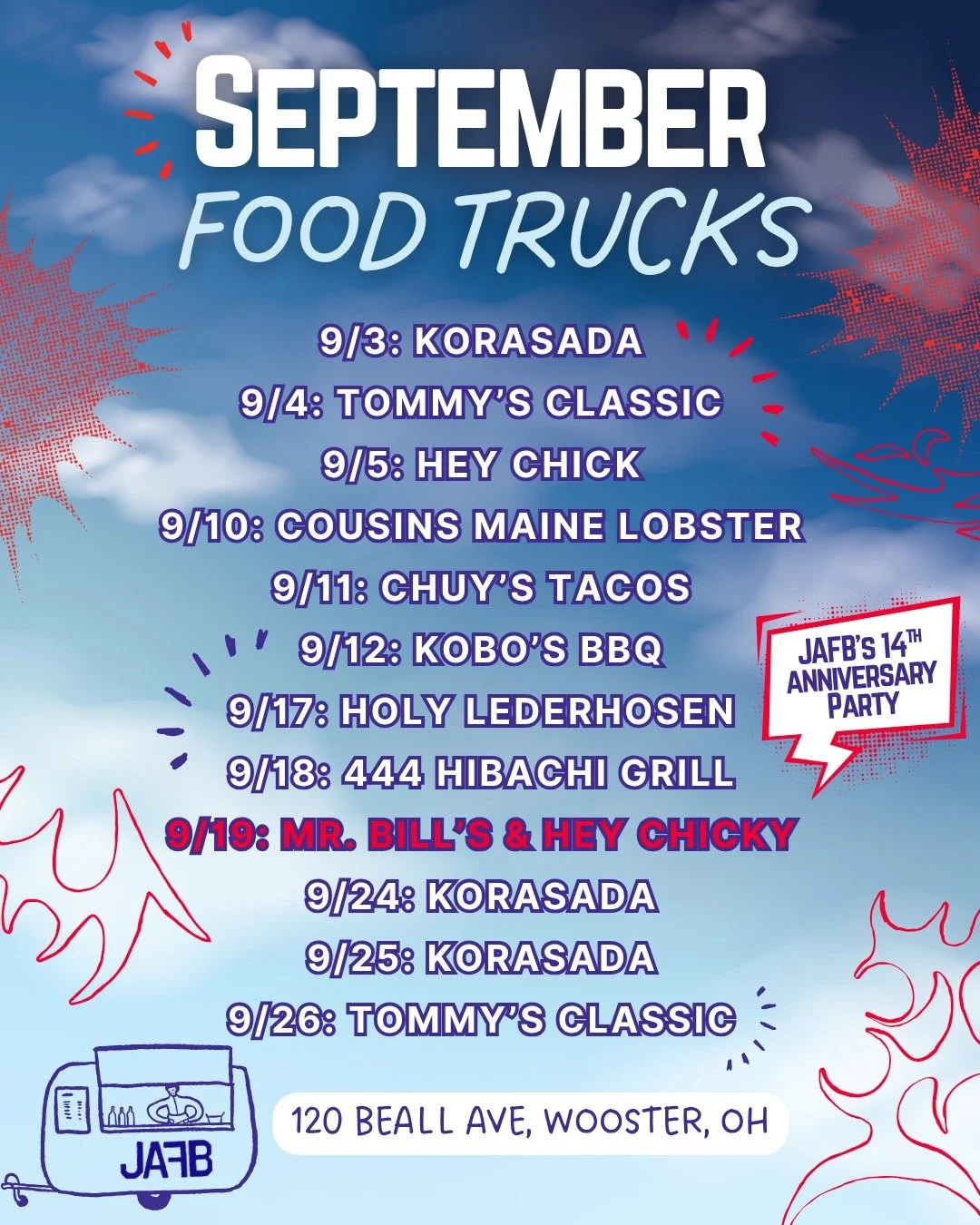 September Food Trucks just dropped 🥡

We have some great ones coming out this month! Joining us for the first time: Kobo's BBQ &amp; 444 Hibachi 🍛🥩 Can't wait to try out these new trucks alongside our classic favorites!

And don't forget to join u