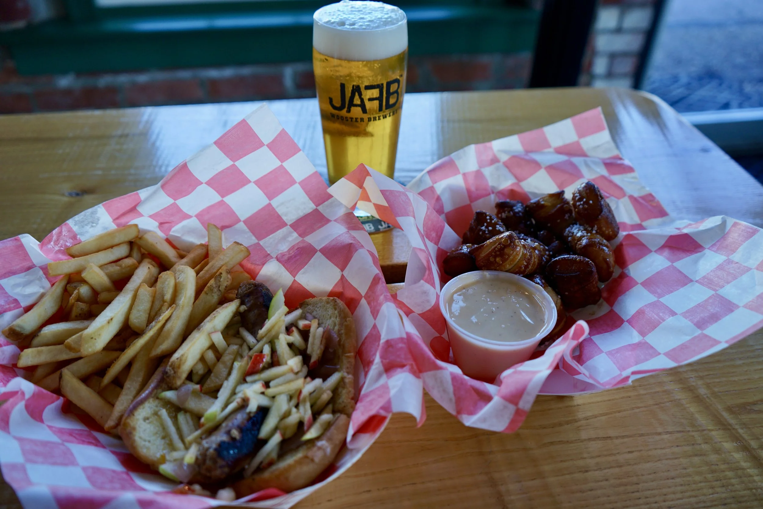 Holy Lederhosen Peach Brat & Pretzel Bites with Hefeweizen Beer Cheese