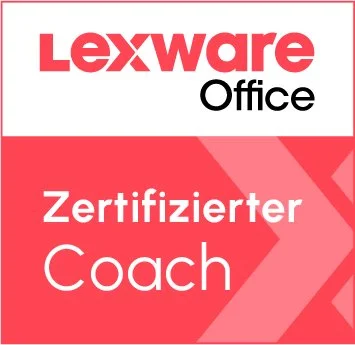 Logo von Lexware Office mit der Bezeichnung 'Zertifizierter Coach' im roten und weißen Design.