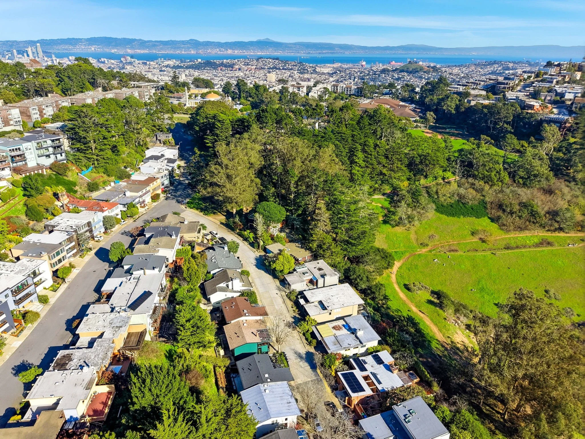 Aerial view of a neighborhood with houses and trees, a cityscape in the background, and a large green park with walking paths in the foreground.