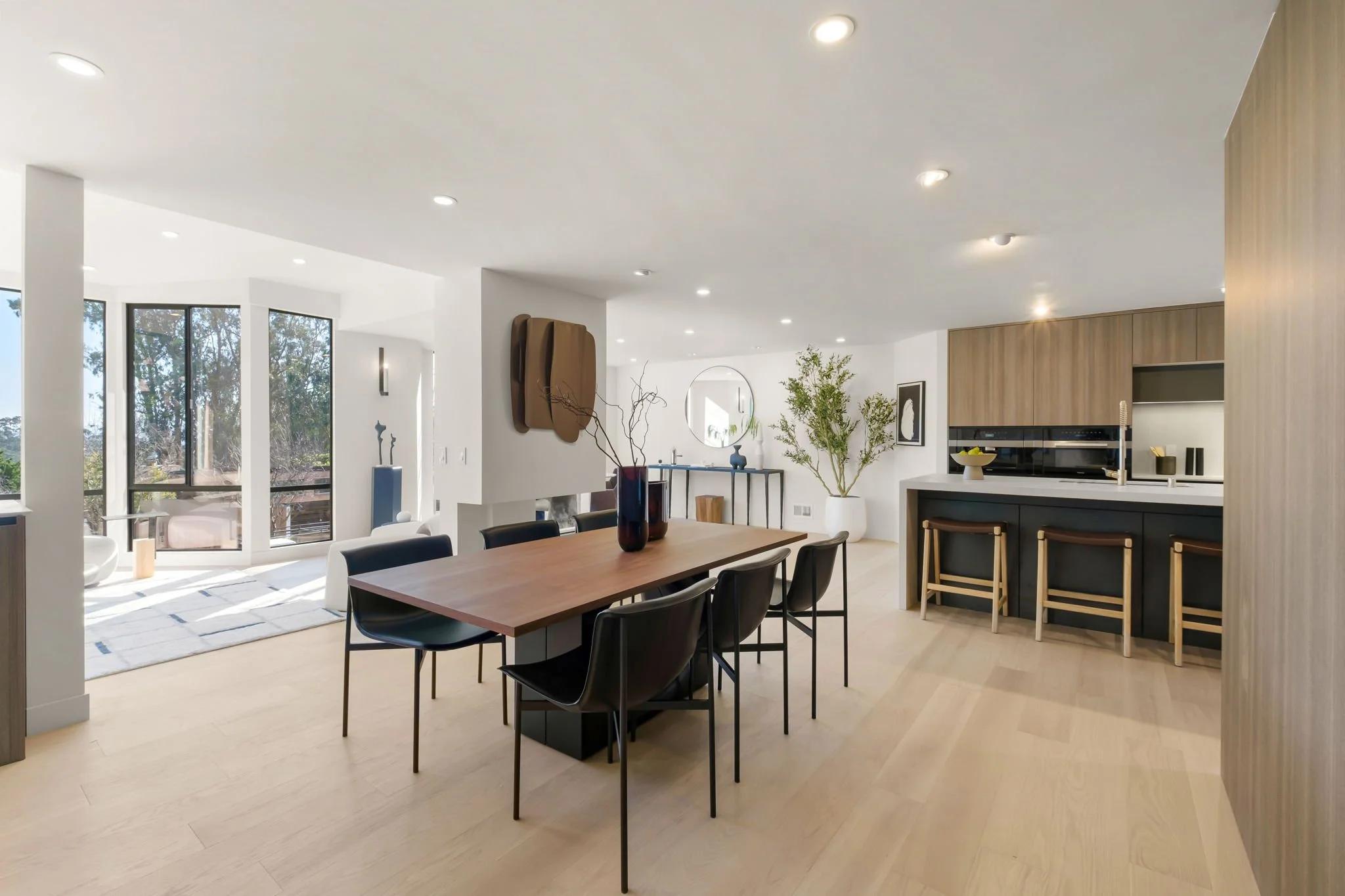 Modern open-concept living and dining area with a kitchen, featuring a wooden dining table with black chairs, large windows, potted plants, and minimalist decor