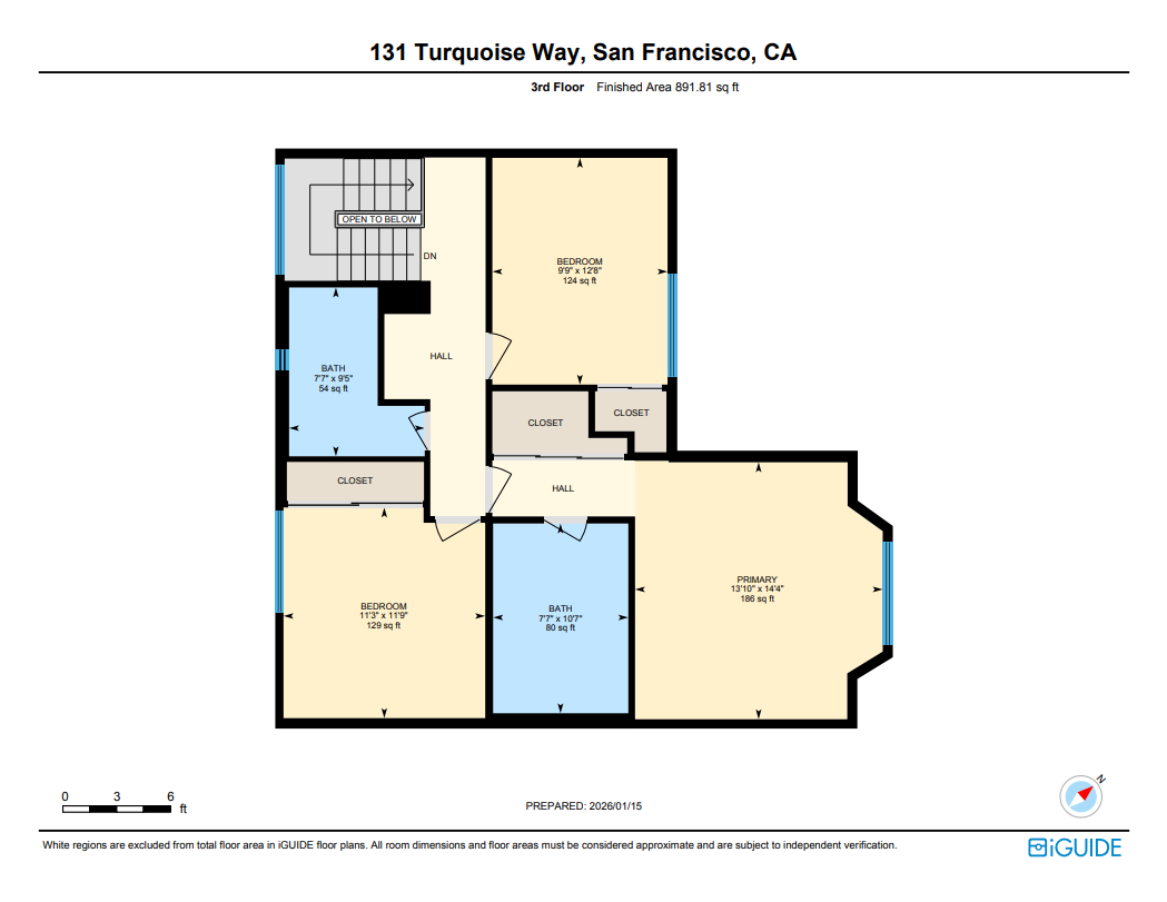 Floor plan of the 3rd floor at 131 Turquoise Way, San Francisco, CA, showing bedrooms, bathrooms, closets, halls, and staircases with measurements and area details.