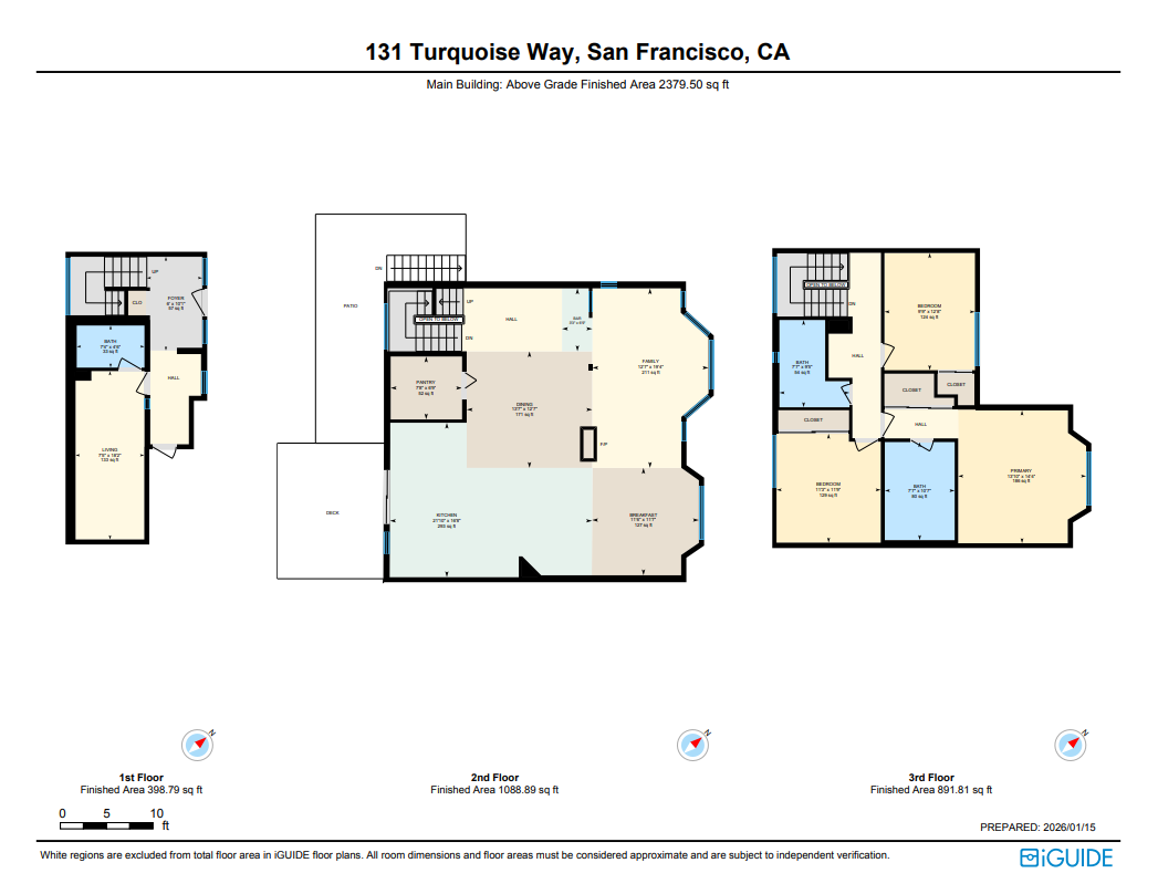 Floor plan of a three-story house at 131 Turquoise Way, San Francisco, CA, with labeled rooms including living room, kitchen, bedrooms, bathrooms, and hallways, showing areas and layout for each floor.