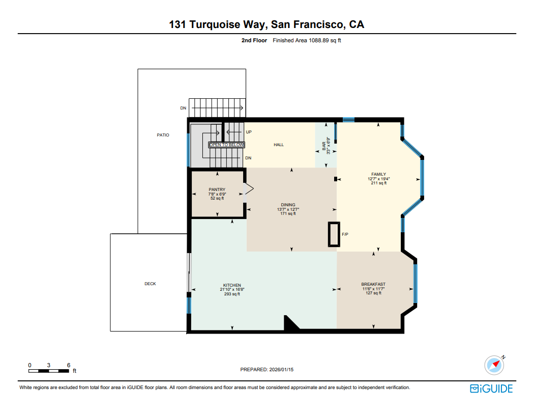 Floor plan of the second floor of a house at 131 Turquoise Way, San Francisco, CA, showing a kitchen, pantry, dining area, family room, breakfast nook, hall, patio, deck, and staircase.