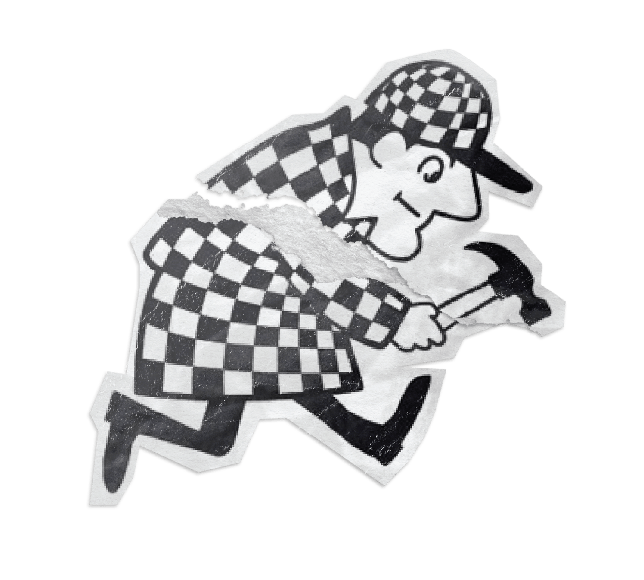 A black and white sticker of a child in checkered clothing and cap, smiling and running while holding a shaker or rattle.