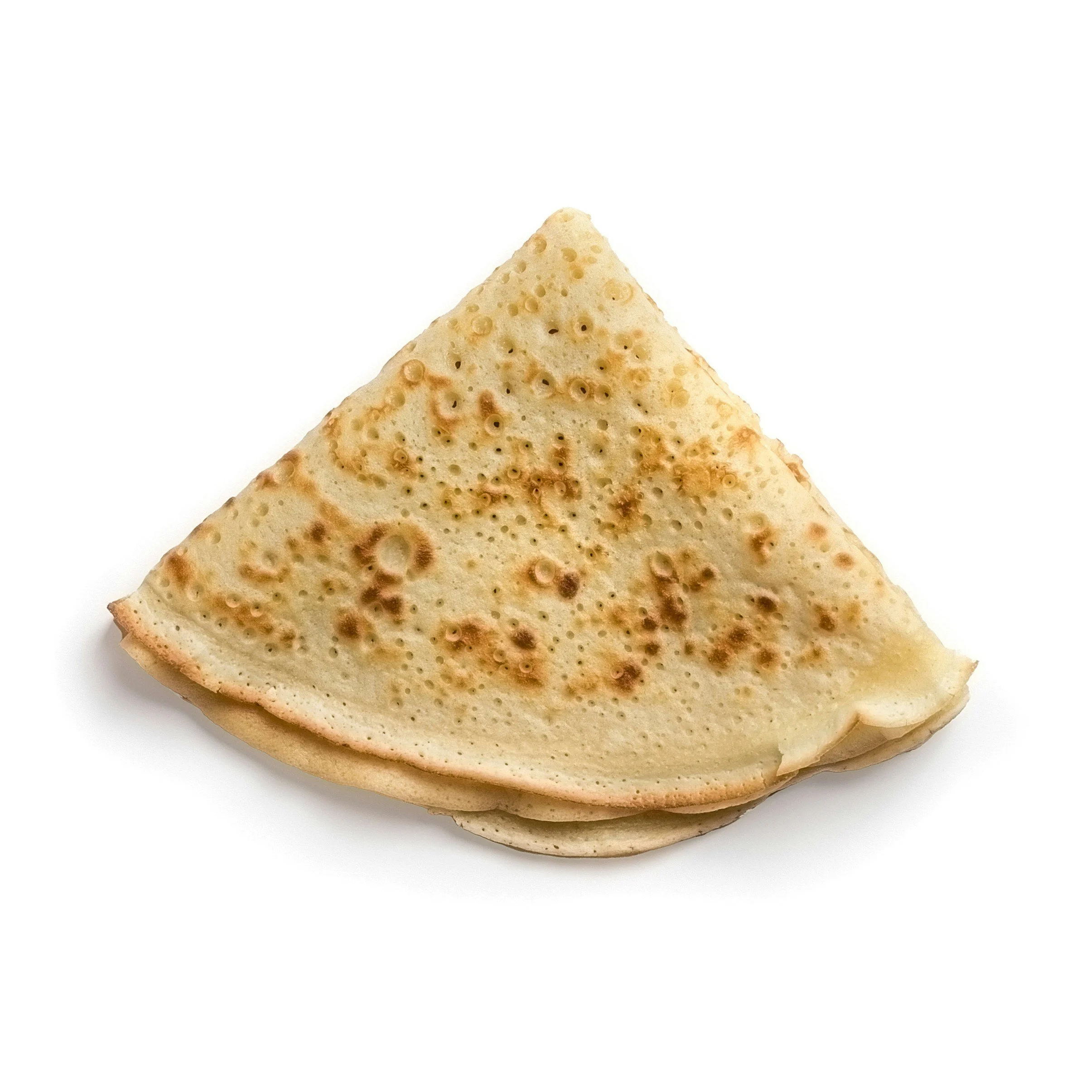 Stacked folded crêpe with golden-brown spots on a white background.