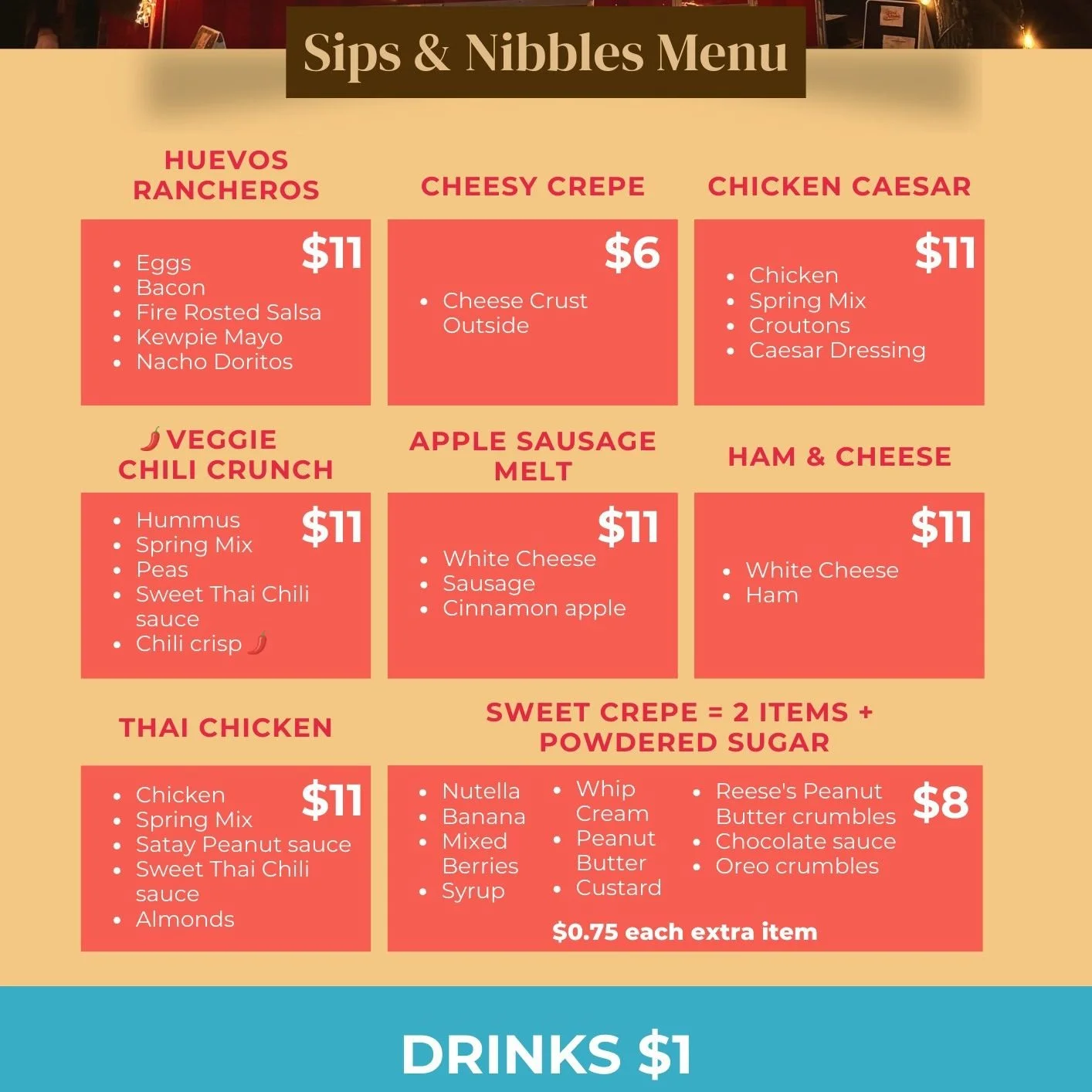 ✨ NEW CREPES JUST DROPPED! ✨

We rolled out some deliciously exciting additions and we are OBSESSED 🤍

🥨 Apple Sausage Melt &ndash; sweet + savory perfection
🧀 Ham &amp; Cheese &ndash; classic, melty comfort
🥜 Thai Chicken &ndash; a little bold, 