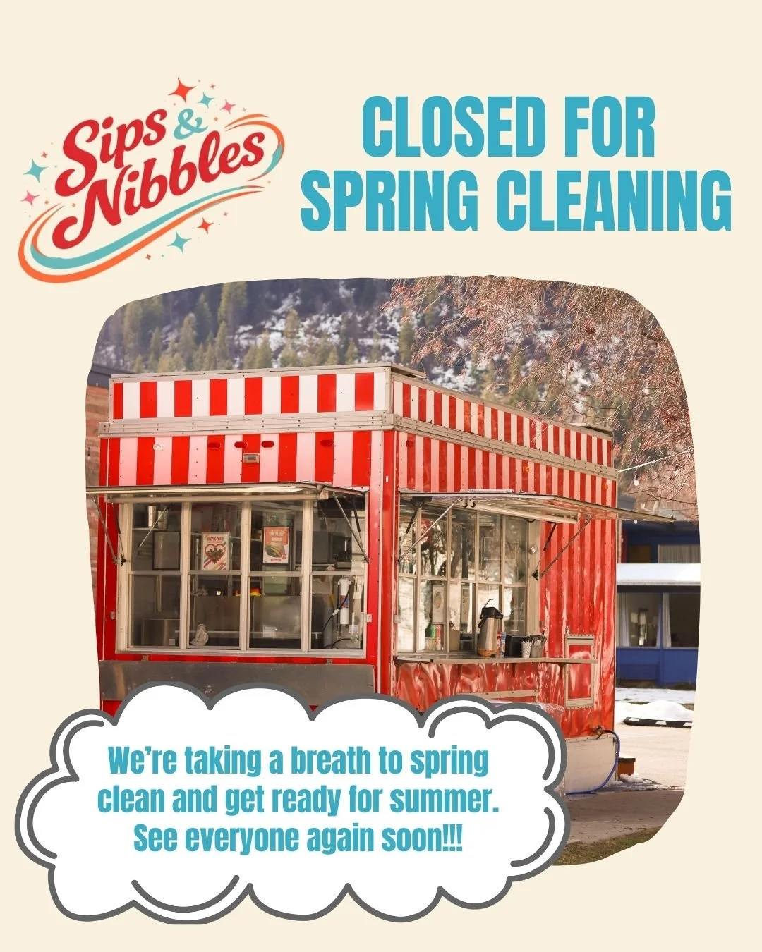 BRB&hellip; we&rsquo;re hitting pause. 

Sips &amp; Nibbles is closed for Spring Break while we do a little behind-the-scenes, magic deep cleaning, freshening things up, and getting everything dialed for a seriously fun summer ahead.

We&rsquo;ll mis