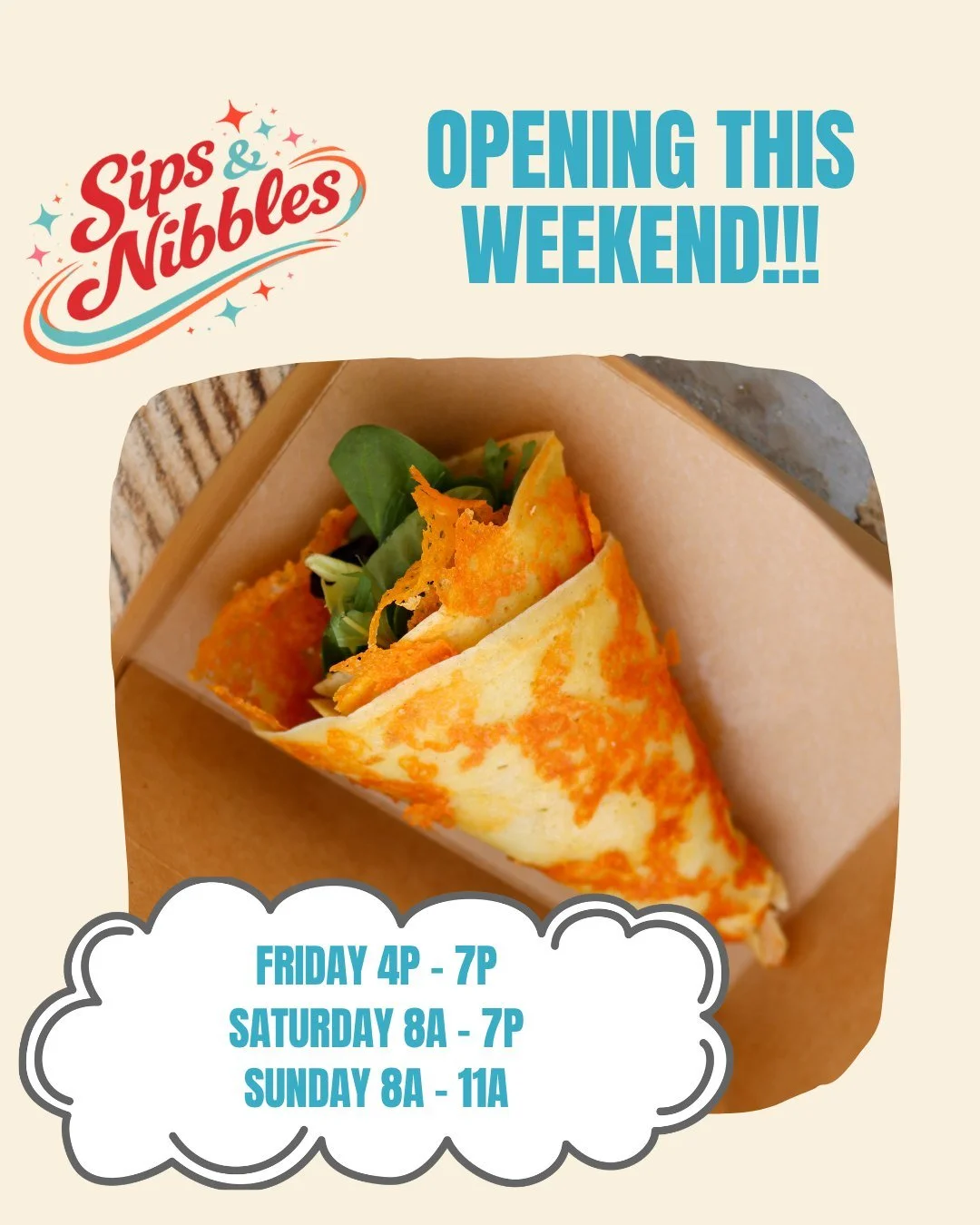We&rsquo;re baaaack. 🌞🥂🥞

After a little spring pause, Sips &amp; Nibbles is firing the crepe grills back up this weekend. We&rsquo;ve been cleaning, prepping, and getting ready for another season of good food, good people, and good vibes in Walla