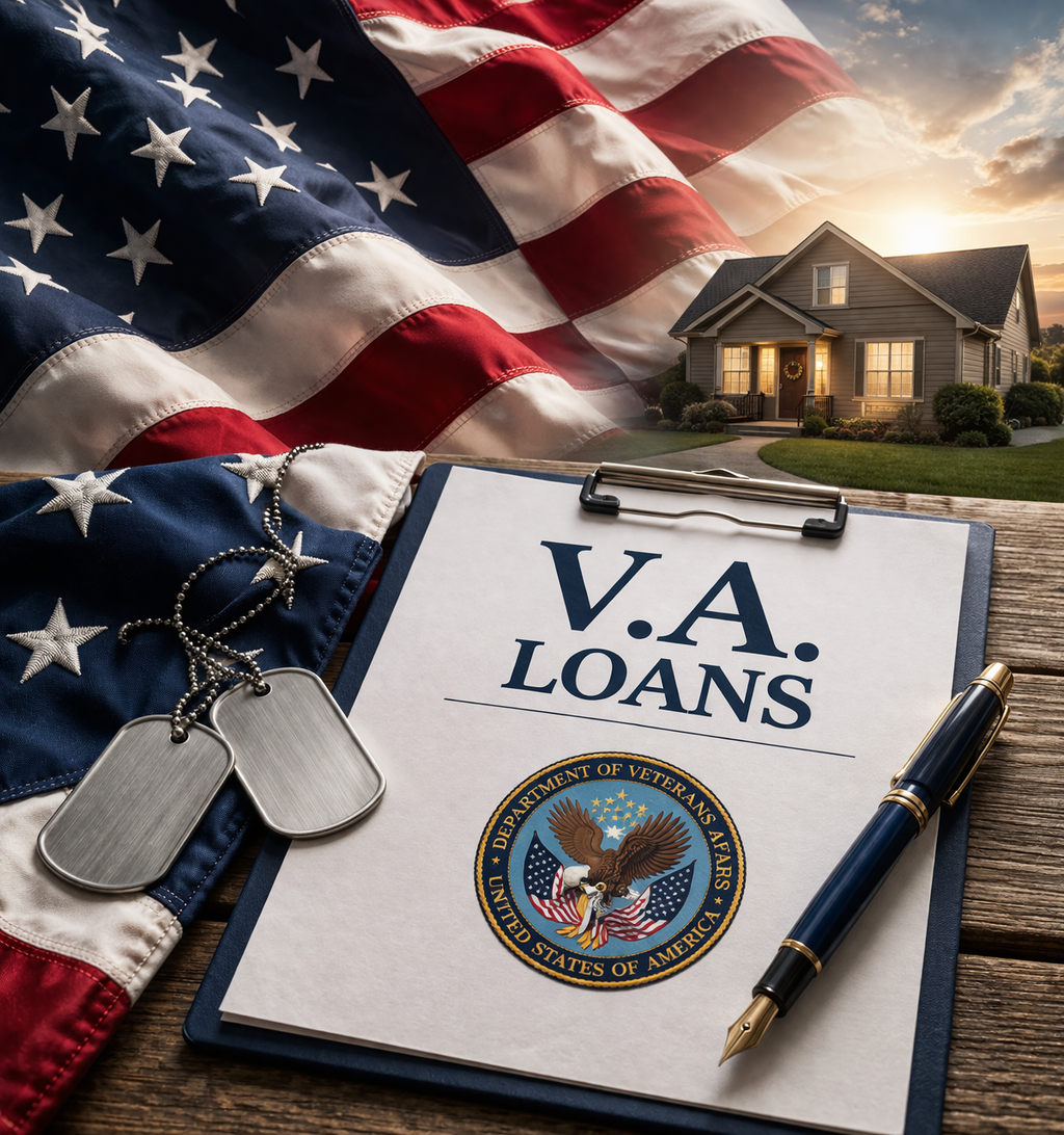 American flag, V.A. loans document, dog tags, pen, house, and sunset background.