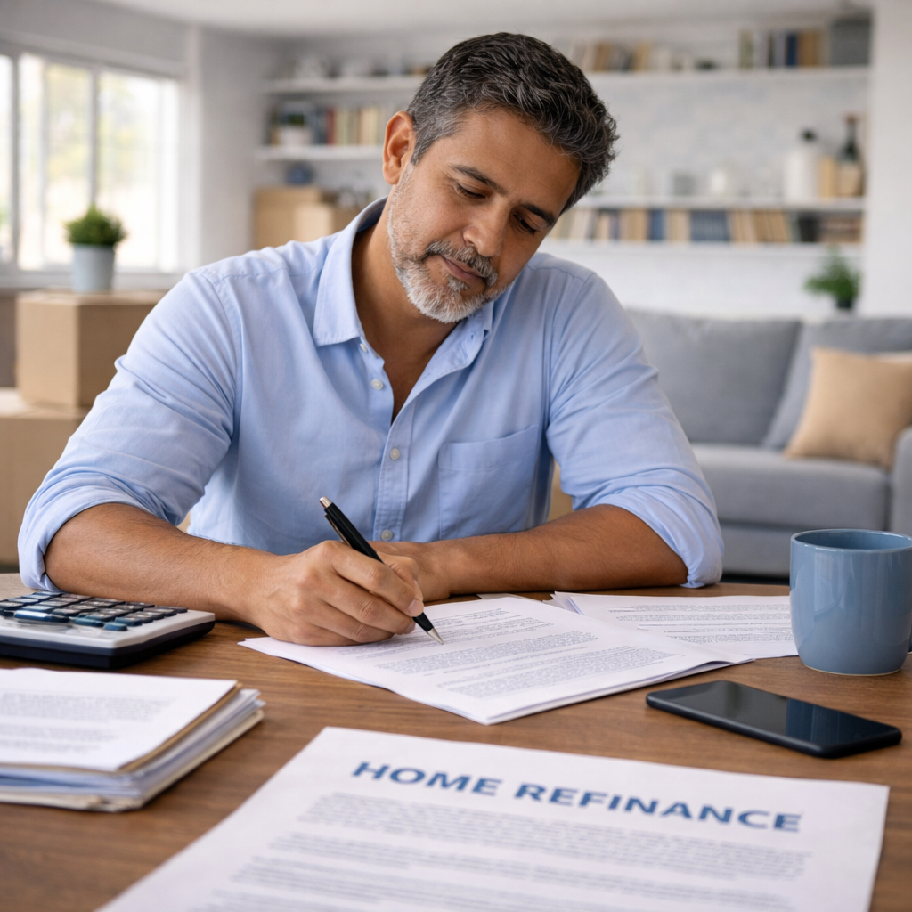 A middle-aged man with gray hair and a beard working on documents at a desk, with a laptop, smartphone, and a cup nearby in a bright, modern living room.