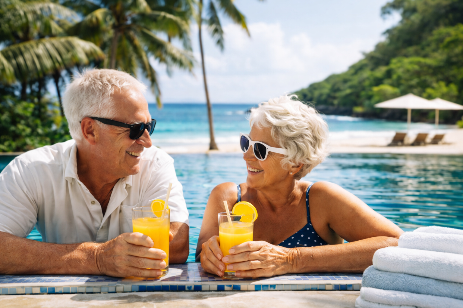 An elderly couple relaxing by a pool in a tropical setting, enjoying drinks and smiling at each other, with palm trees, the ocean, and a beach with lounge chairs and umbrellas in the background.