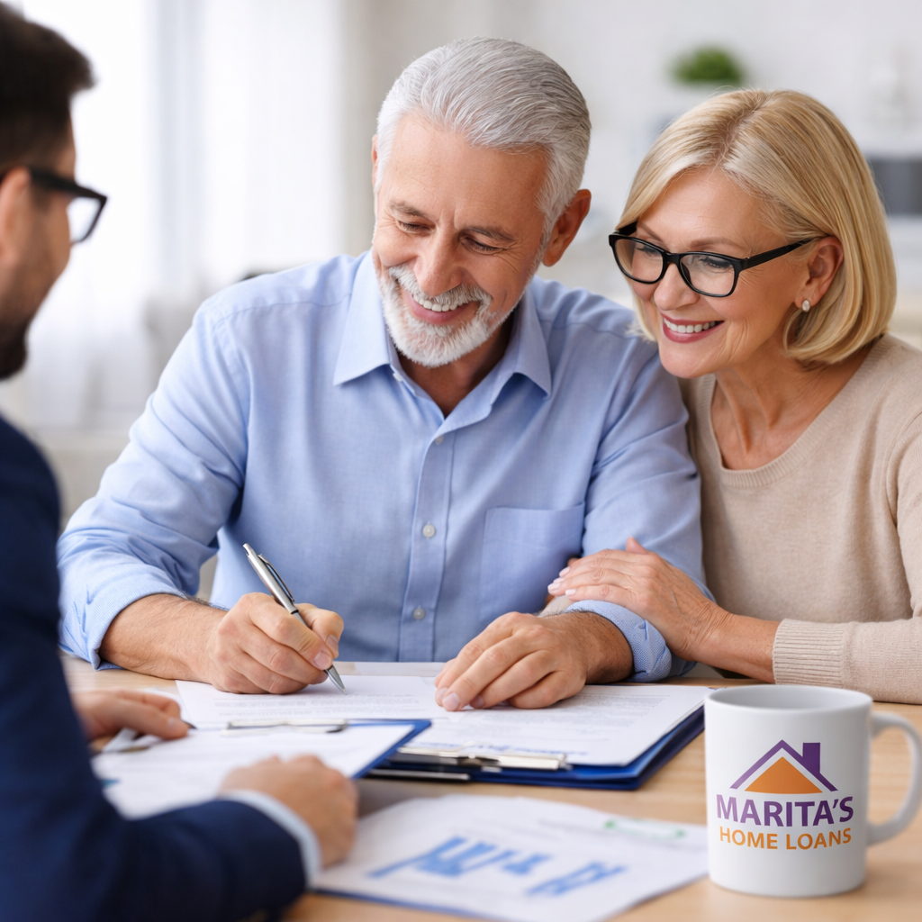 Smiling elderly couple consulting with a financial advisor at a table with home loan documents and a branded mug.
