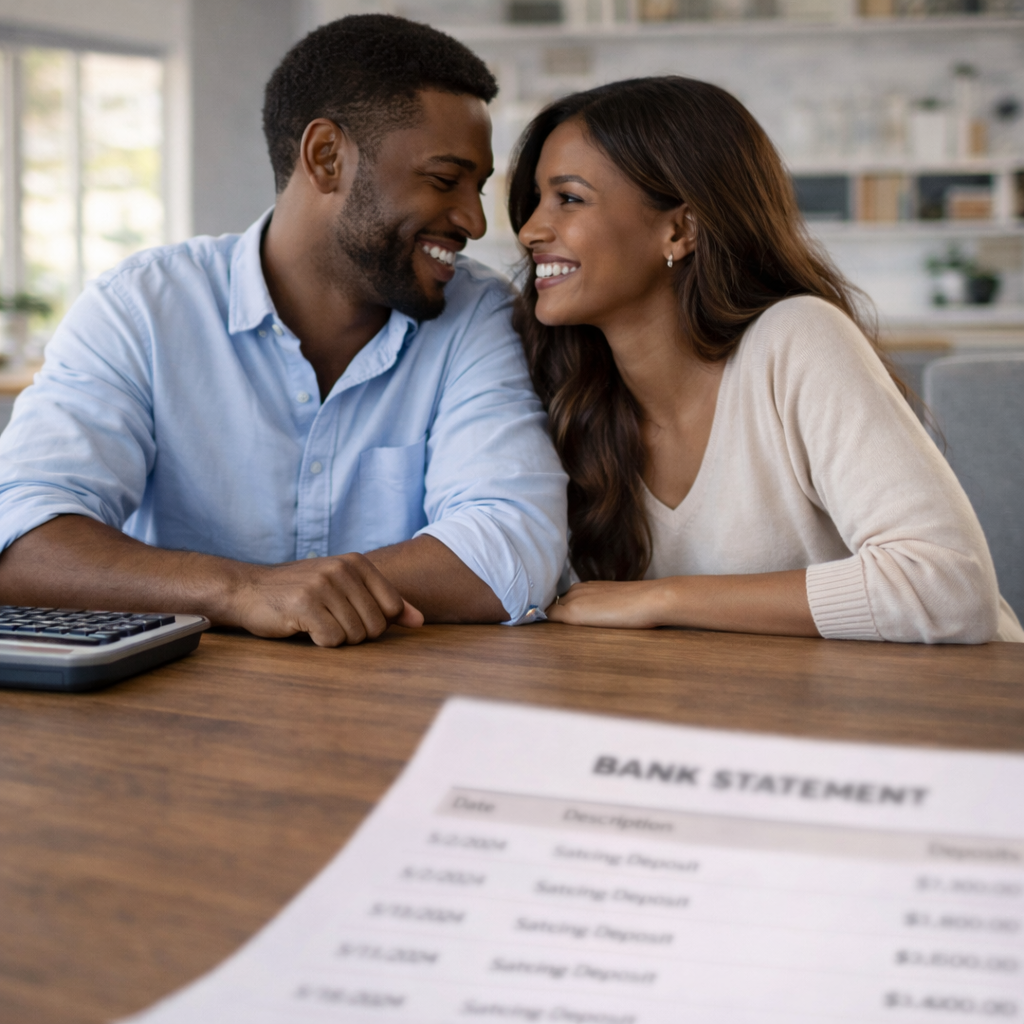A happy couple smiling and leaning close together at a desk with a bank statement and calculator in the foreground.