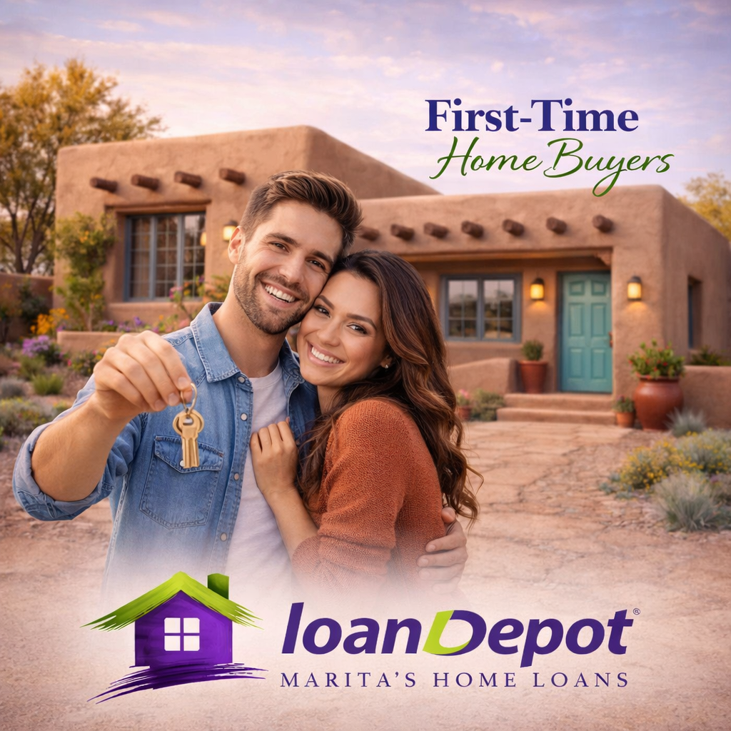 A happy couple standing in front of a southwestern style house holding a key. The text reads "First-Time Home Buyers" and the logo for LoanDepot with the tagline "Marita's Home Loans."