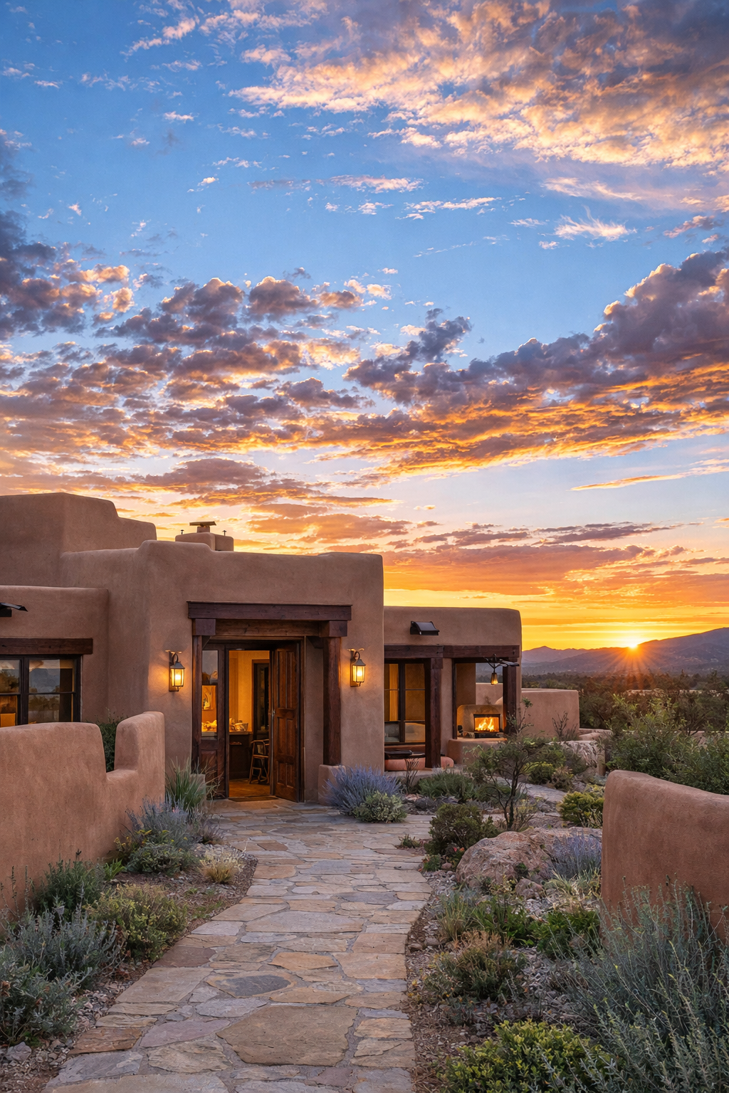 A desert-style house with adobe walls and wooden accents, lit by outdoor lanterns, at sunset with a colorful sky and mountains in the background.