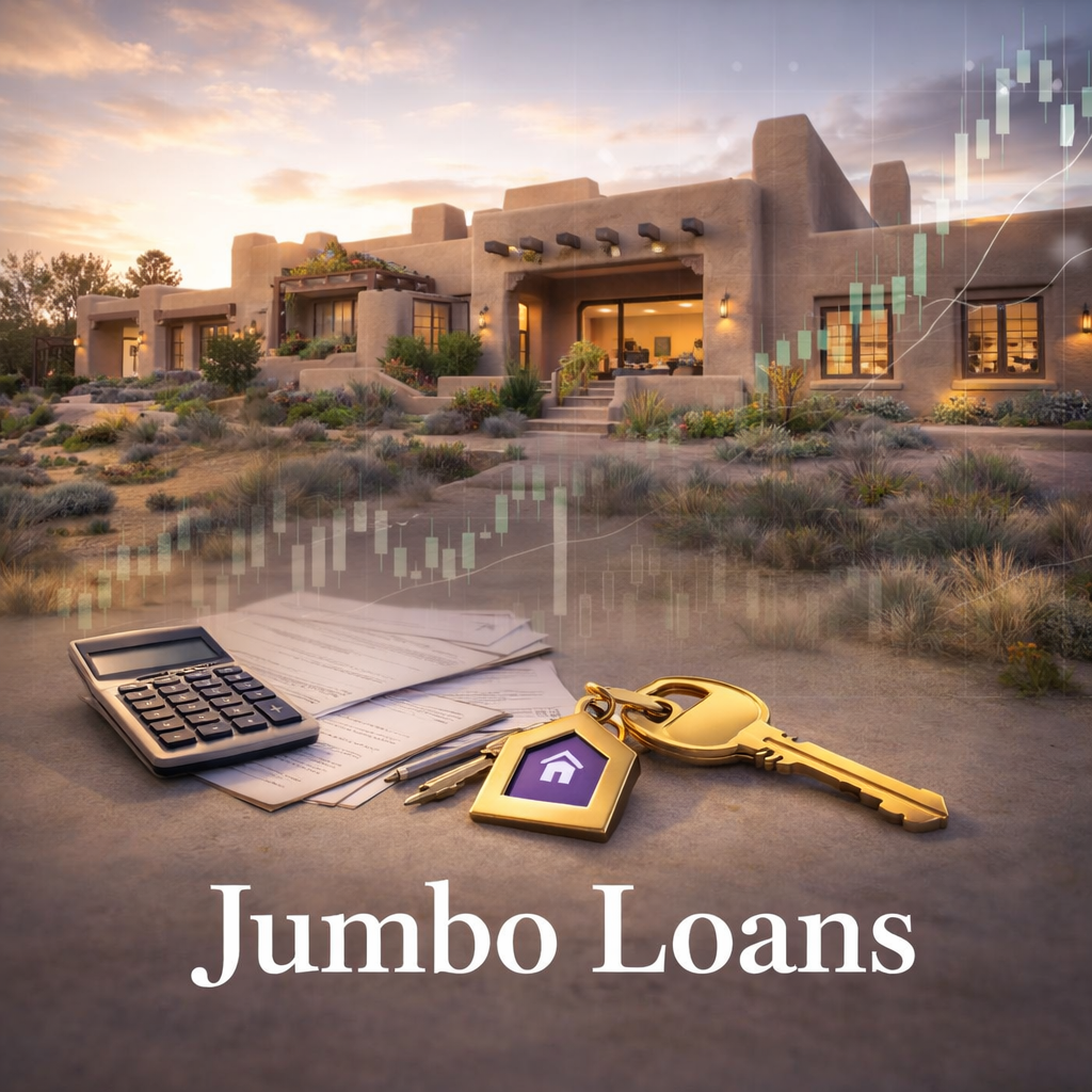 A house in the desert with landscaping, a calculator, documents, a pen, a gold key, and a house-shaped keychain in the foreground. Overlaid are financial charts and the words "Jumbo Loans."