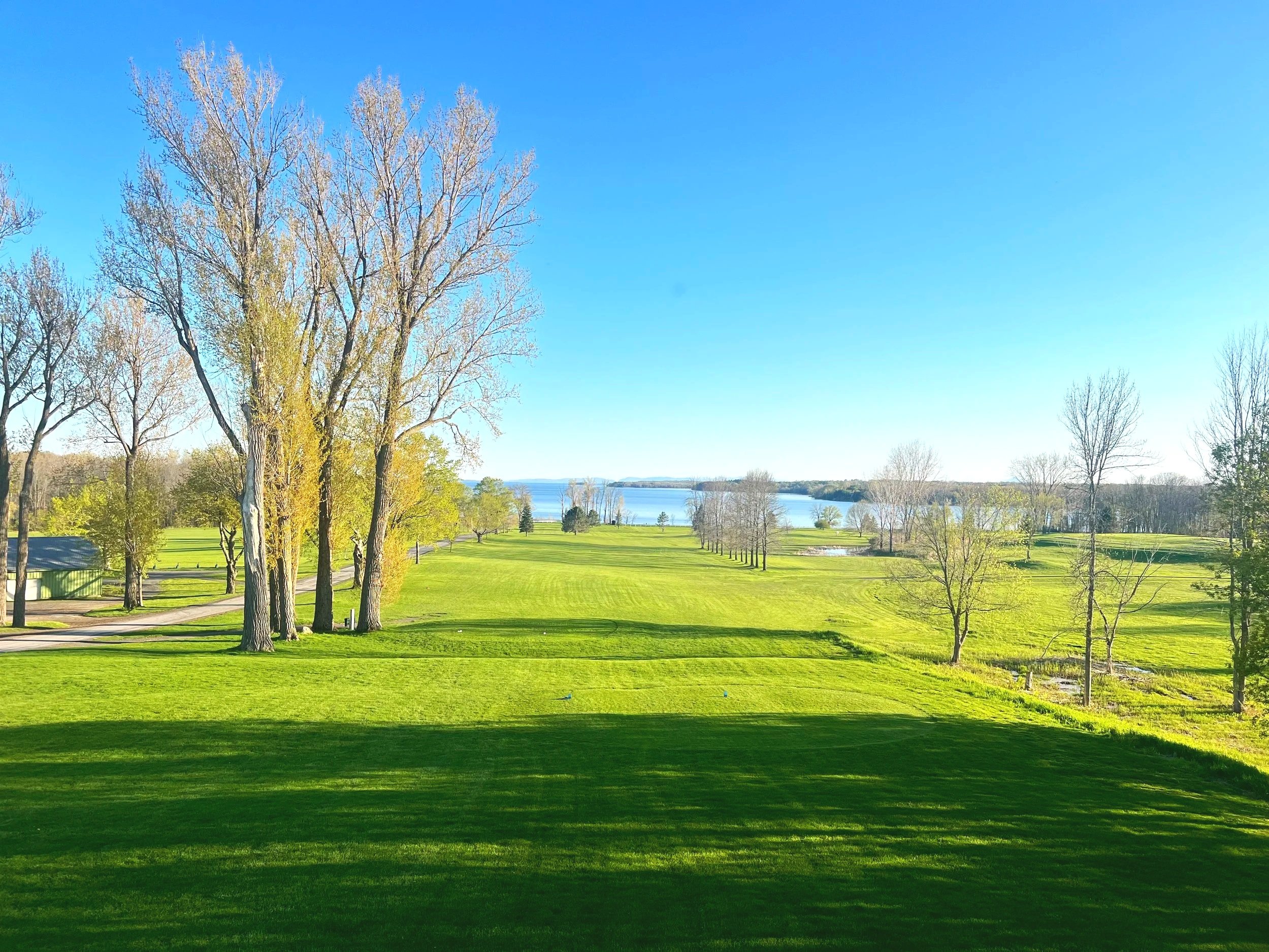 A scenic landscape featuring a well-maintained green park with trees and a body of water in the background under a clear blue sky.