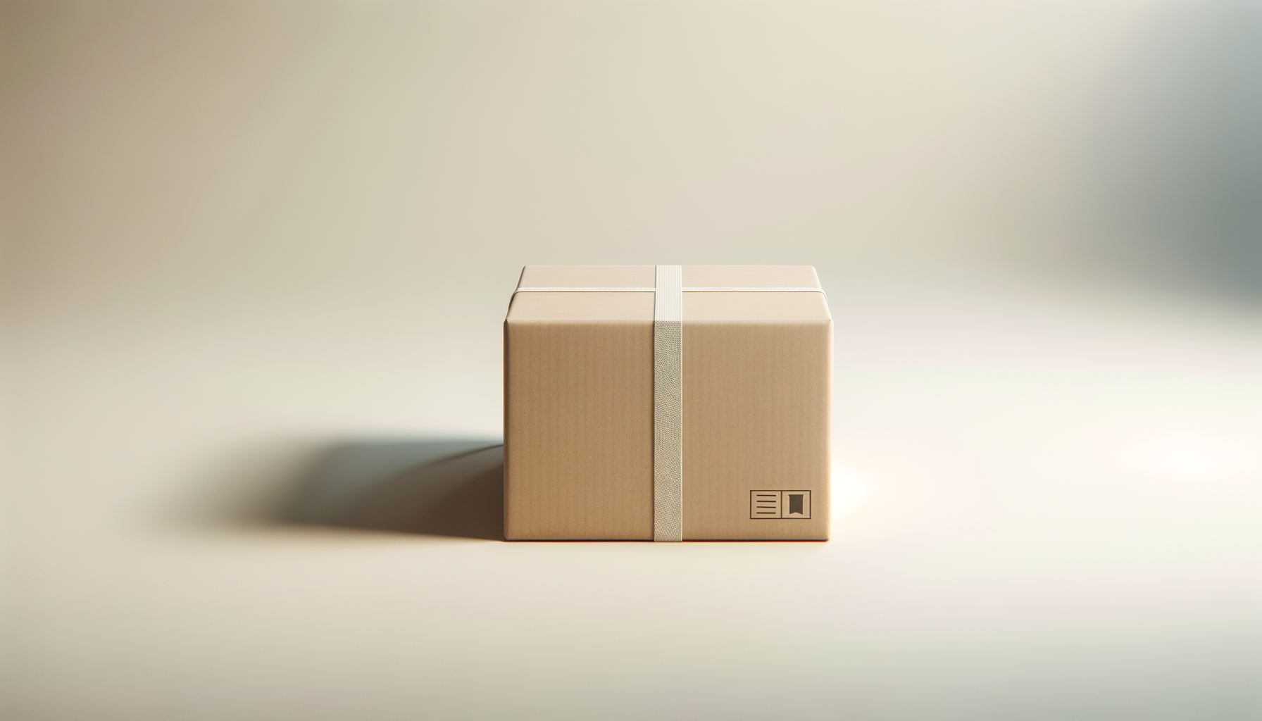 A closed cardboard box with a white tape strip and a symbol indicating it's shipped, placed on a light-colored surface with a neutral background.