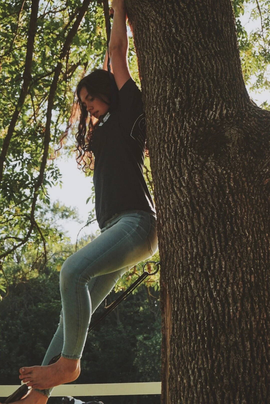 A young woman with curly hair wearing a black shirt and light blue jeans climbing a tree and holding on with her hands while her feet are placed on the tree strap.
