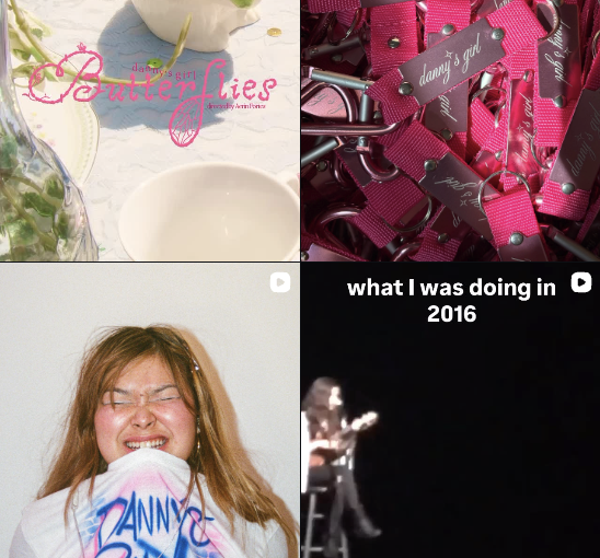 A collage of four images: top left shows a floral arrangement and a sign that says 'Butterflies'; top right features pink ribbons with tags labeled 'danny'; bottom left depicts a girl smiling and wrapping herself in a shirt with the text 'DANNY &'; bottom right has a blurred photo of a woman singing or performing on stage with the caption 'what I was doing in 2016'.