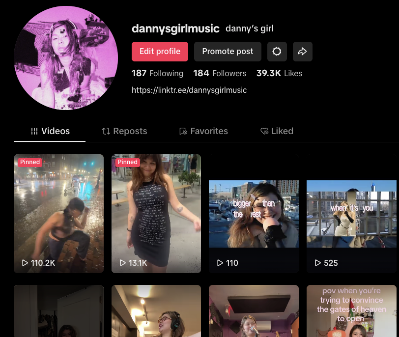 TikTok profile page for user dannysgirmusic displaying a profile picture of a woman with long hair and multiple videos, some marked as pinned, featuring women in various settings.