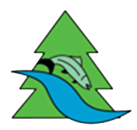 A graphic illustration of a pine tree with a fish jumping out of water in front of it.