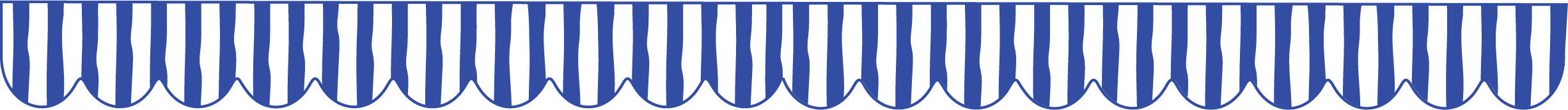 Market awning with a scalloped edge and vertical white and navy stripes.