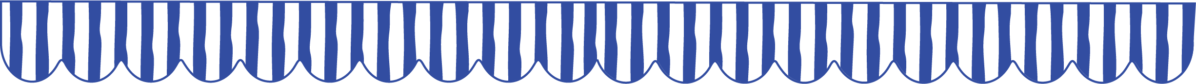 Market awning with a scalloped edge and vertical white and navy stripes.