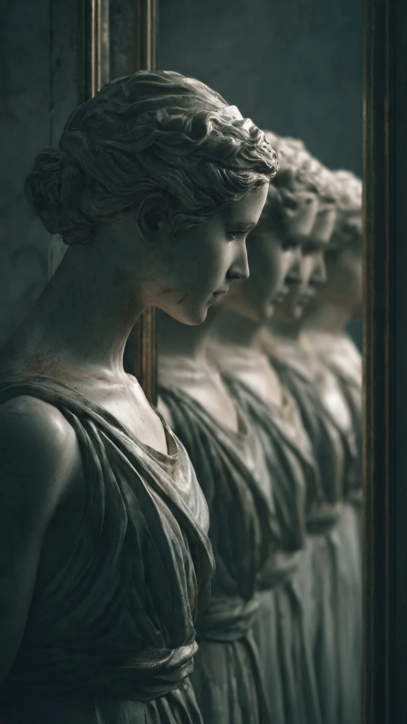 Close-up of a marble statue of a woman in profile, with reflections of the same statue in a mirror.