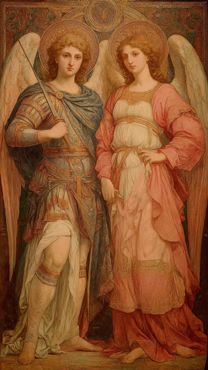 Painting of two angelic figures with halo and wings, dressed in ornate clothing. The left angel holds a sword, and both pose with serious expressions.