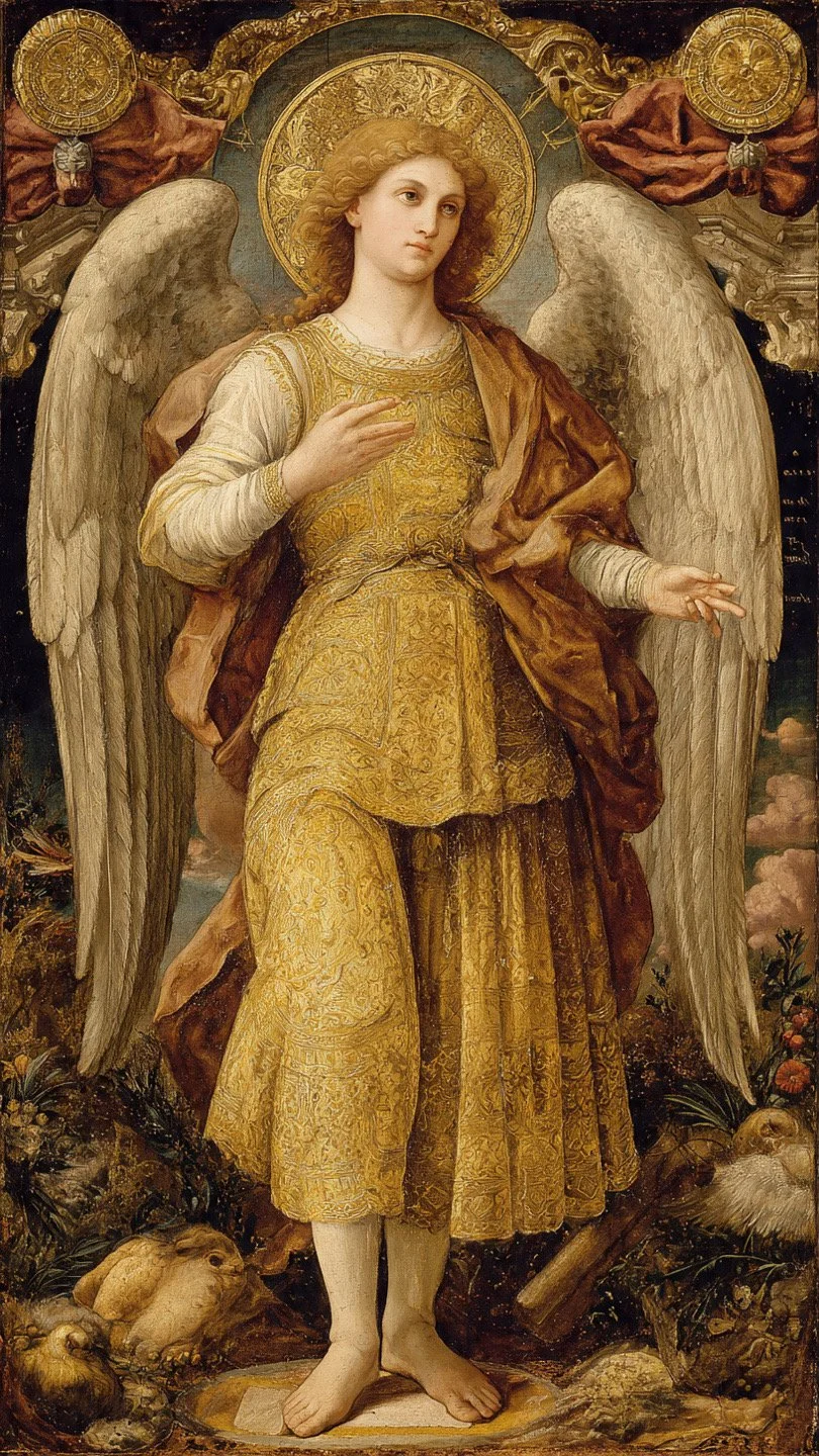 A detailed painting of an angel with curly blond hair, wearing ornate golden and earthy-colored garments, with large white wings, standing on a natural landscape with animals and plants.