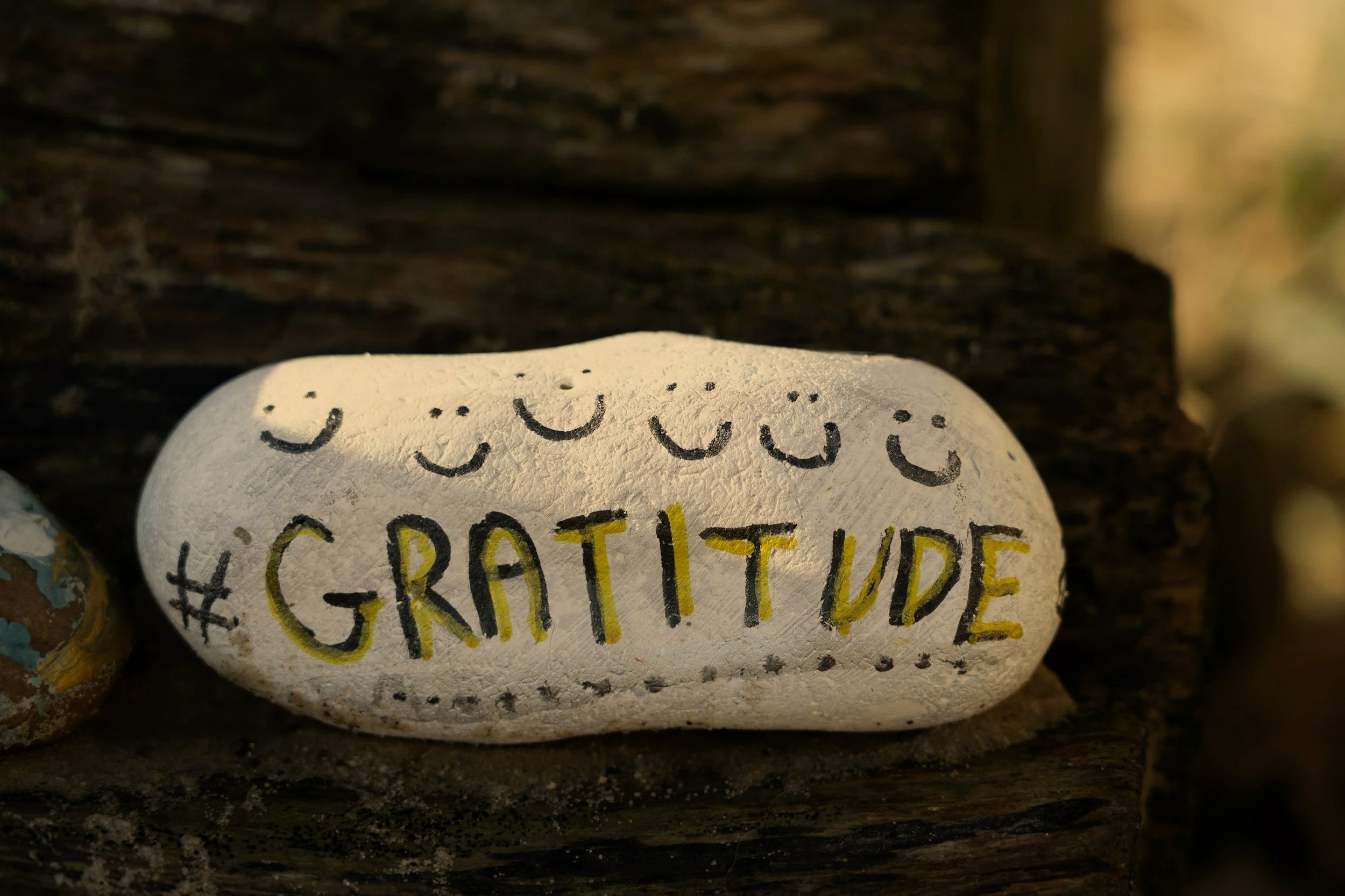 A painted rock with the word "Gratitude" written on it, surrounded by smiley faces, placed on a wooden surface.
